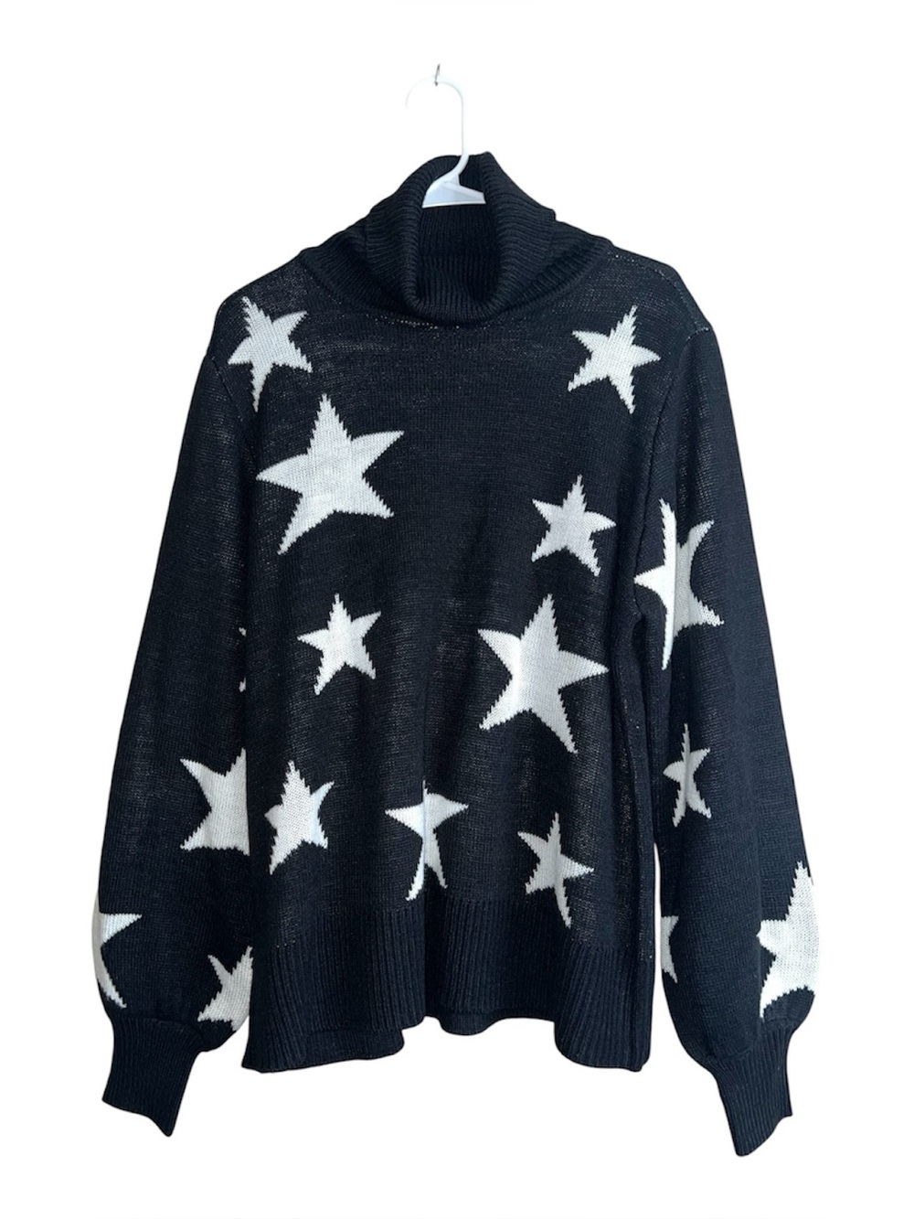 Zenana Outfitters Black & White Star Turtleneck Sweater Sz L